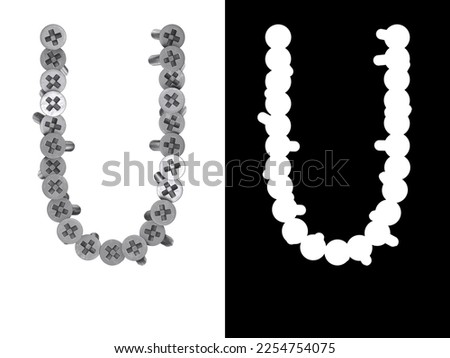 Letter U made of screws screwed into a white surface with clipping mask, 3d rendering