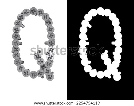 Letter Q made of screws screwed into a white surface with clipping mask, 3d rendering