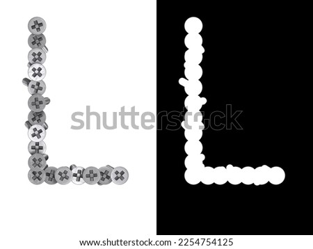 Letter L made of screws screwed into a white surface with clipping mask, 3d rendering