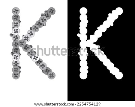 Letter K made of screws screwed into a white surface with clipping mask, 3d rendering