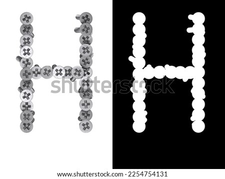 Letter H made of screws screwed into a white surface with clipping mask, 3d rendering