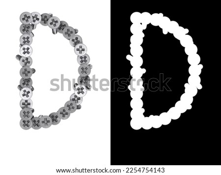 Letter D made of screws screwed into a white surface with clipping mask, 3d rendering