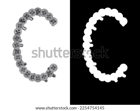 Letter C made of screws screwed into a white surface with clipping mask, 3d rendering
