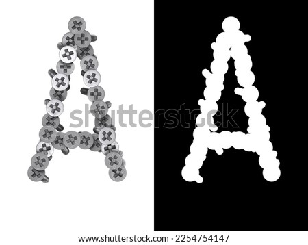 Letter A made of screws screwed into a white surface with clipping mask, 3d rendering