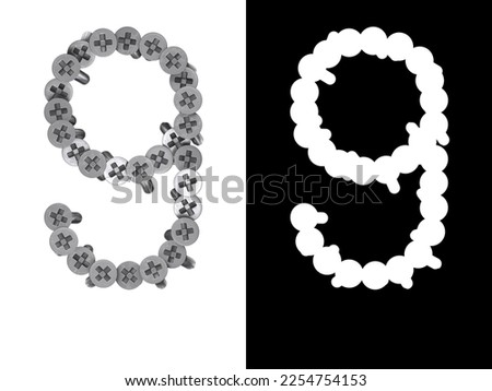 Number 9 made of screws screwed into a white surface with clipping mask, 3d rendering