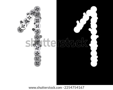 Number 1 made of screws screwed into a white surface with clipping mask, 3d rendering