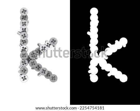 Small letter k made of screws screwed into a white surface with clipping mask, 3d rendering