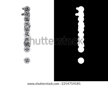 Exclamation mark made of screws screwed into a white surface with clipping mask, 3d rendering