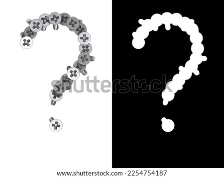 Question mark made of screws screwed into a white surface with clipping mask, 3d rendering