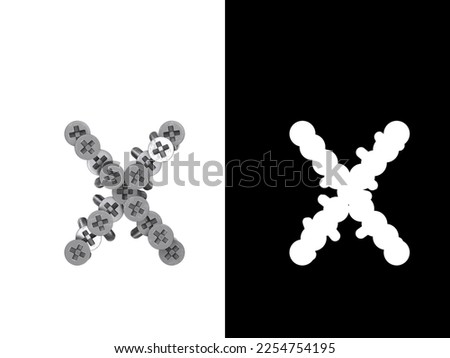 Small letter x made of screws screwed into a white surface with clipping mask, 3d rendering