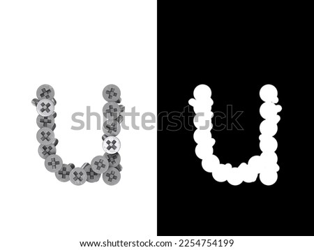 Small letter u made of screws screwed into a white surface with clipping mask, 3d rendering