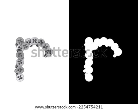 Small letter r made of screws screwed into a white surface with clipping mask, 3d rendering