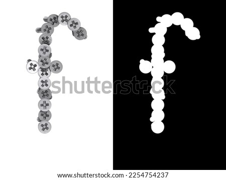 Small letter f made of screws screwed into a white surface with clipping mask, 3d rendering