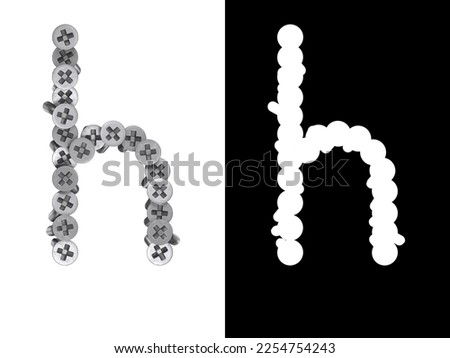 Small letter h made of screws screwed into a white surface with clipping mask, 3d rendering
