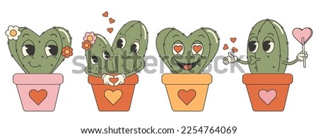 Groovy valentines day cactus stickers set. Cute and funny characters. Retro valentines day. 70s 60s aesthetics.	
