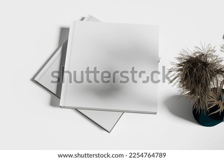 Blank white book cover with dry grass and an empty space for you to montage your product or text on a white background, including a clipping path. Top view