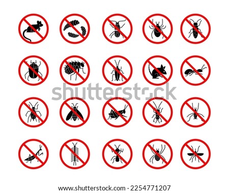 Bug insecticide. Anti insect or rat icons. Red crossed symbols. Fly pest black silhouette. Stop mosquito sign. Tick repellent. Cockroach pesticide. Vector garish forbidden signs set
