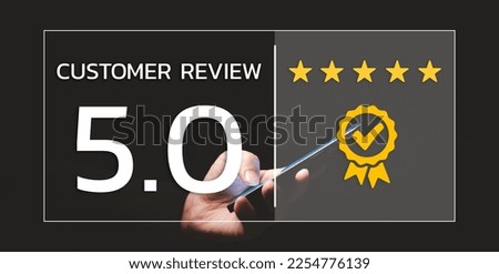 People with virtual screen of satisfaction icons warranty 5 stars rating in service, Customer service and business satisfaction survey, Customer evaluation feedback