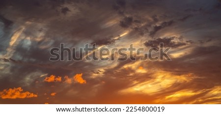 Evening dramatic sky natural beautiful background, sunset wide panorama, scenic sunset sky banner or blog header