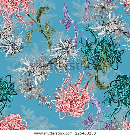 Floral seamless pattern with flowers and leaves on blue background vector illustration