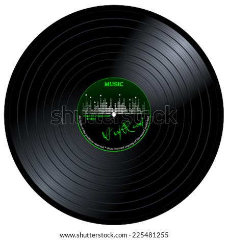 Gramophone vinyl LP record with black label and green equalizer. Musical long play album disc 33 rpm. realistic retro design, vector art image illustration, isolated on white background eps10 