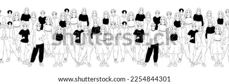 Diverse group of people seamless pattern. Multiethnic team group crowd community. Hand drawn grunge line drawing doodle black and white. Human community, society concept. Vector illustration. 