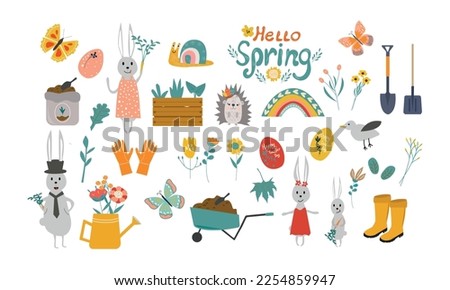 Easter spring set with cute eggs, birds, butterflies and other elements. Hand drawn flat cartoon elements. Vector illustration