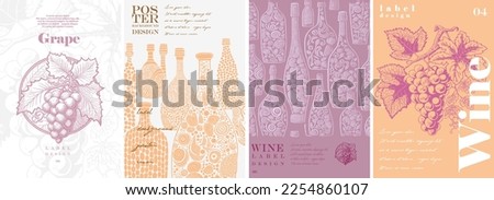 Wine. Grapes. Logo, label. Typography posters design. Simple pencil drawing. Set of flat vector illustrations. Print, banner, label, cover or t-shirt. Royalty-Free Stock Photo #2254860107