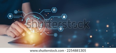 Cloud computing technology diagram concept, for enterprise or entrepreneur, customer and businessperson touch tablet to showing infographics global cloud network, security, financial institution. Royalty-Free Stock Photo #2254881305