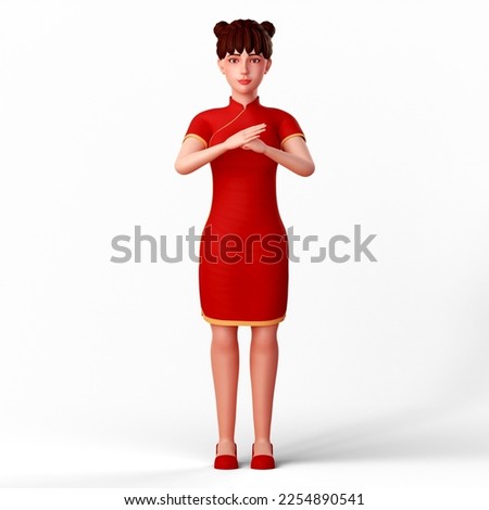 3d Character Illustration of Cute Chinese Woman, the girl does a chinese salute hand gesture