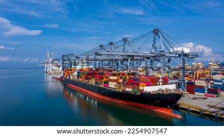 Aerial view container cargo ship in import export global business commercial trade logistic transportation of international by container cargo ship, Container cargo freight shipping at industrial port Royalty-Free Stock Photo #2254907547