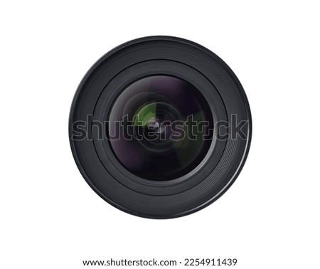 Front view of camera lens isolated on white background. Clipping path Royalty-Free Stock Photo #2254911439