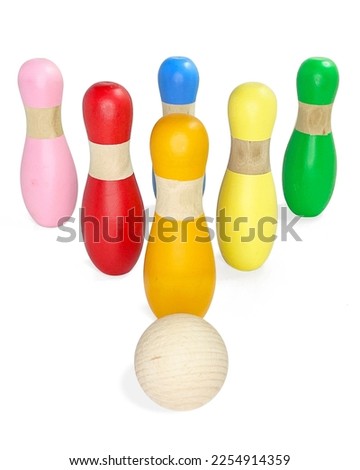 Bowling Pin Set, Ten Pin Wooden Bowling Pin Toy Set made of Wood, Gaming Toy, Skittle Toy. This is a Wooden Toy Set for Kids. Colourful Toys.