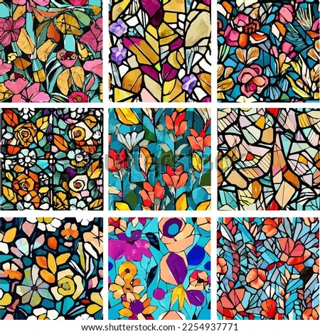 Set of stained glass patterns with flowers and leaves. Colorful vector backgrounds.