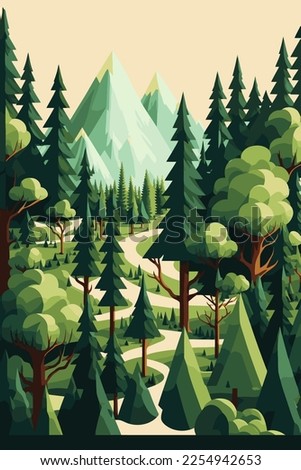 landscape green forest, pine trees in wilderness of a national park flat color vector illustration