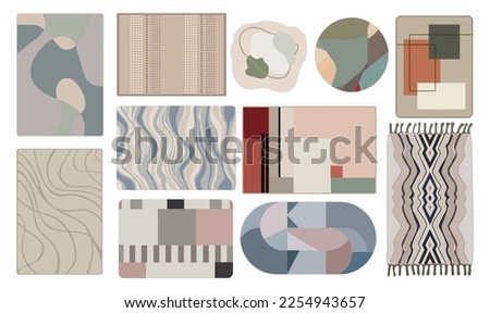 Set of modern Carpets, rugs, wool textile mats top view. Floor decoration with abstract shapes and ornaments for cozy home interior design. Flat vector illustrations isolated on white background. Royalty-Free Stock Photo #2254943657