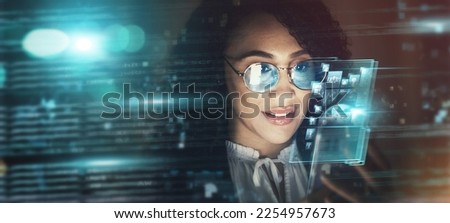Black woman, overlay and future tech in office for finance research, data analytics or digital job in night. Cybersecurity expert smile, fintech or focus in dark workplace for 3d hologram abstract