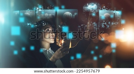 Woman, tech overlay and phone in night at office for finance research, data analytics or digital job. Cybersecurity expert, fintech or focus in dark workplace with 3d hologram abstract with happiness Royalty-Free Stock Photo #2254957679