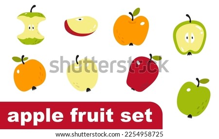 Set of hand drawn fruit apples. Apple core, slice, halves icon. Summer clip art for kids. Autumn farm harvest of orchard fruits. Fresh healthy vegan food icons, clipart, print, badge. Doodle fruitage.