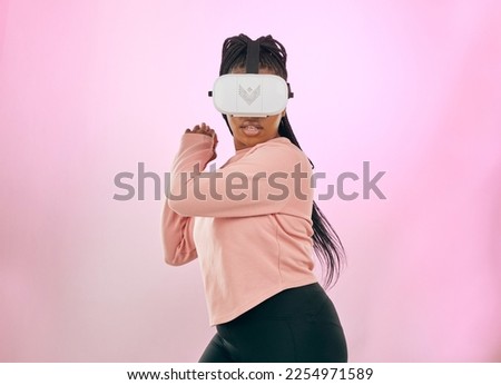 Black woman, VR and gamer in the metaverse for futuristic gaming or activity against a pink studio background. African American female in 3D virtual reality game with headset in the future on mockup
