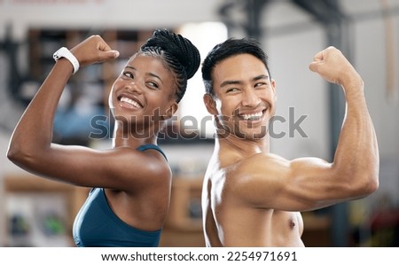 Fitness, black woman or couple of friends flexing muscles for body goals in training, workout or exercise. Coaching results, teamwork or sports athletes with strong biceps, motivation or focus at gym Royalty-Free Stock Photo #2254971691