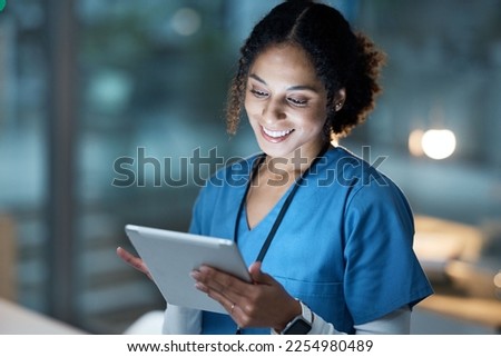 Nurse, medical tablet and black woman in hospital working late on telehealth, research or online consultation. Tech, healthcare or female physician with technology for wellness app in clinic at night