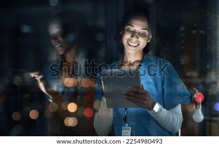 Medical, research and night with doctor and tablet for planning, medicine and schedule. Technology, review and digital with black woman reading report for healthcare, science and life insurance news Royalty-Free Stock Photo #2254980493