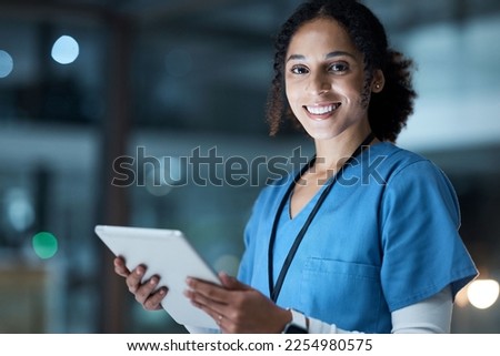Tablet, nurse portrait and black woman in hospital working on telehealth, research or online consultation. Medical, healthcare and female physician with technology for wellness app in clinic at night
