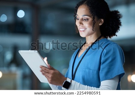 Tablet, medical nurse and black woman in hospital working on telehealth, research or online consultation. Bokeh, healthcare and female physician with technology for wellness app in clinic at night.