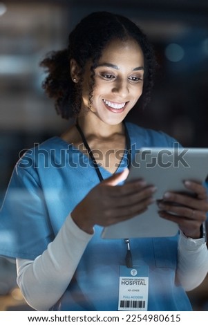 Black woman, nurse and tablet in night planning, medical research or surgery ideas schedule. Smile, happy and doctor working late on technology, hospital healthcare or wellness with test results