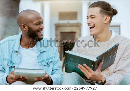 Students, learning and laughing with university, scholarship and education books on steps. Outdoor, friends and diversity of men in a conversation with a funny joke and books for study knowledge