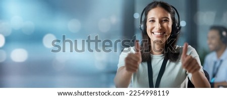 Success, mockup or consultant with thumbs up in call center helping, talking or networking online. Portrait, happy woman or insurance agent in communication at customer services with like or ok sign