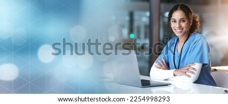 Portrait, arms crossed or healthcare doctor by bokeh copy space, mockup or mock up in medical research or laptop planning. Smile, happy or nurse worker on hospital technology for wellness consulting
