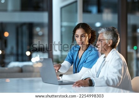 Team of doctors, health and women with laptop, work together and digital clinic schedule or agenda. Technology, medical innovation and healthcare collaboration, partnership and cardiovascular surgeon Royalty-Free Stock Photo #2254998303